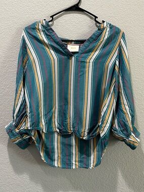 Maeve by Anthropologie Teal Striped V-Neck Roll-Tab Sleeve Blouse